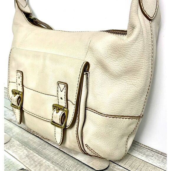 VINTAGE FOSSIL IVORY GENUINE LEATHER MEDIUM HOBO TOTE SHOULDER BAG HANDBAG PURSE - Picture 3 of 11